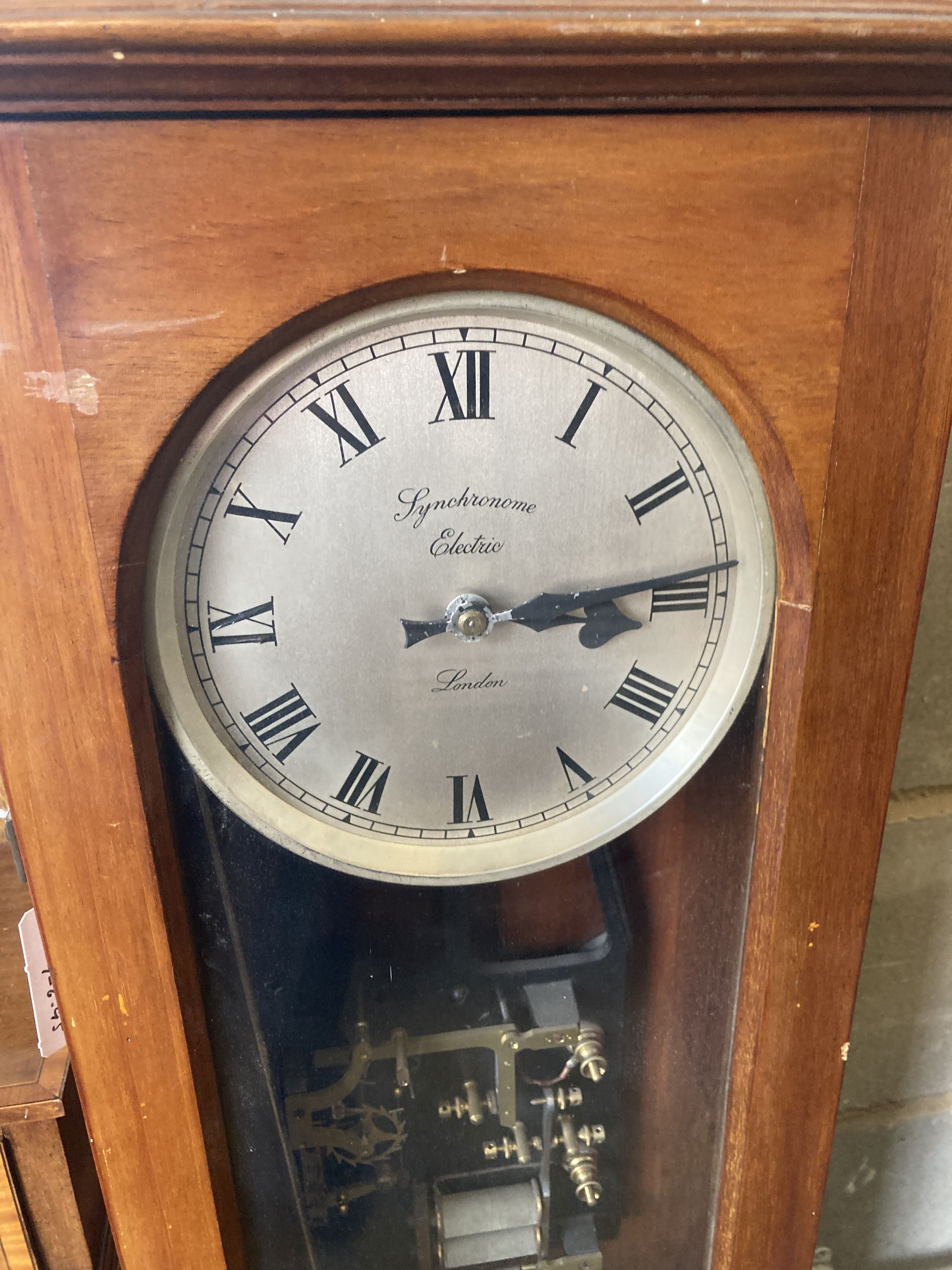 A Synchronome electric mahogany cased pendulum master timepiece, NRA C32, height 128cm